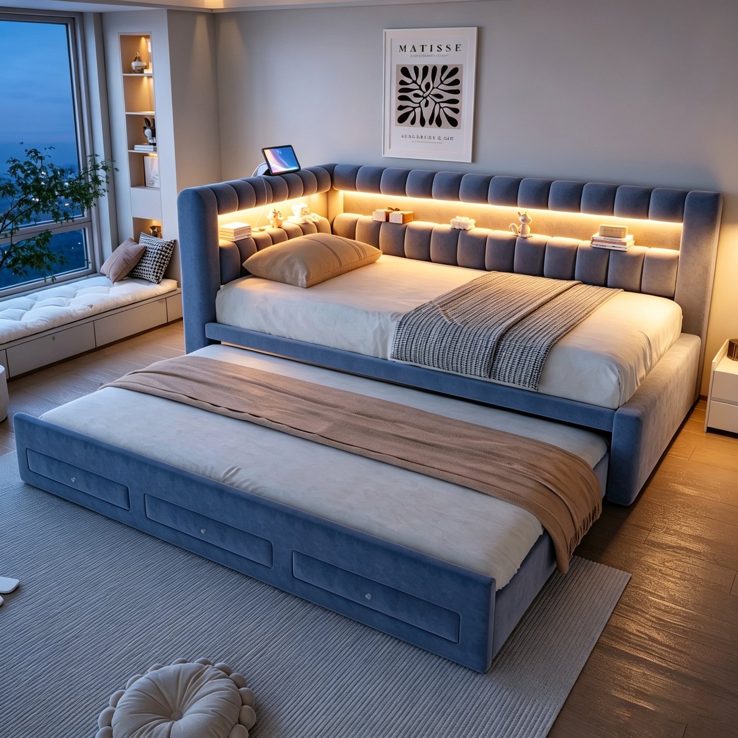 HAUSS SPOLE Gestoffeerde Slaapbank 90x190 cm - Uitschuifbaar Bed met Opberglades - Verlichting en Oplaadpunten - Fluweel - Matras Niet Vermeld - Donkergrijs