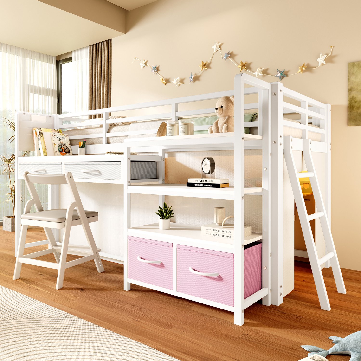 HAUSS SPOLE Hoogslaper 90x200 cm - Eenpersoonsbed met Bureau en Opbergruimte - Met Stoffen Lades en Verlichting - Zonder Matras - Metaal en MDF - Wit