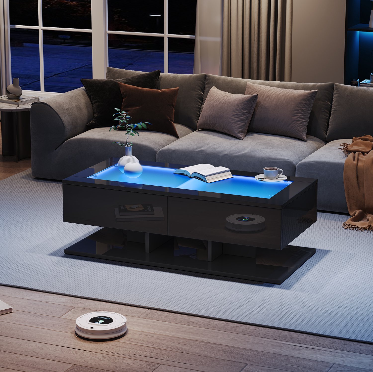 MEUNIQ Salontafel 100 x 50 x 35 cm - Zwart hoogglans - Gehard glazen blad, ledverlichting met appbediening en 2 lades - Voor de woonkamer