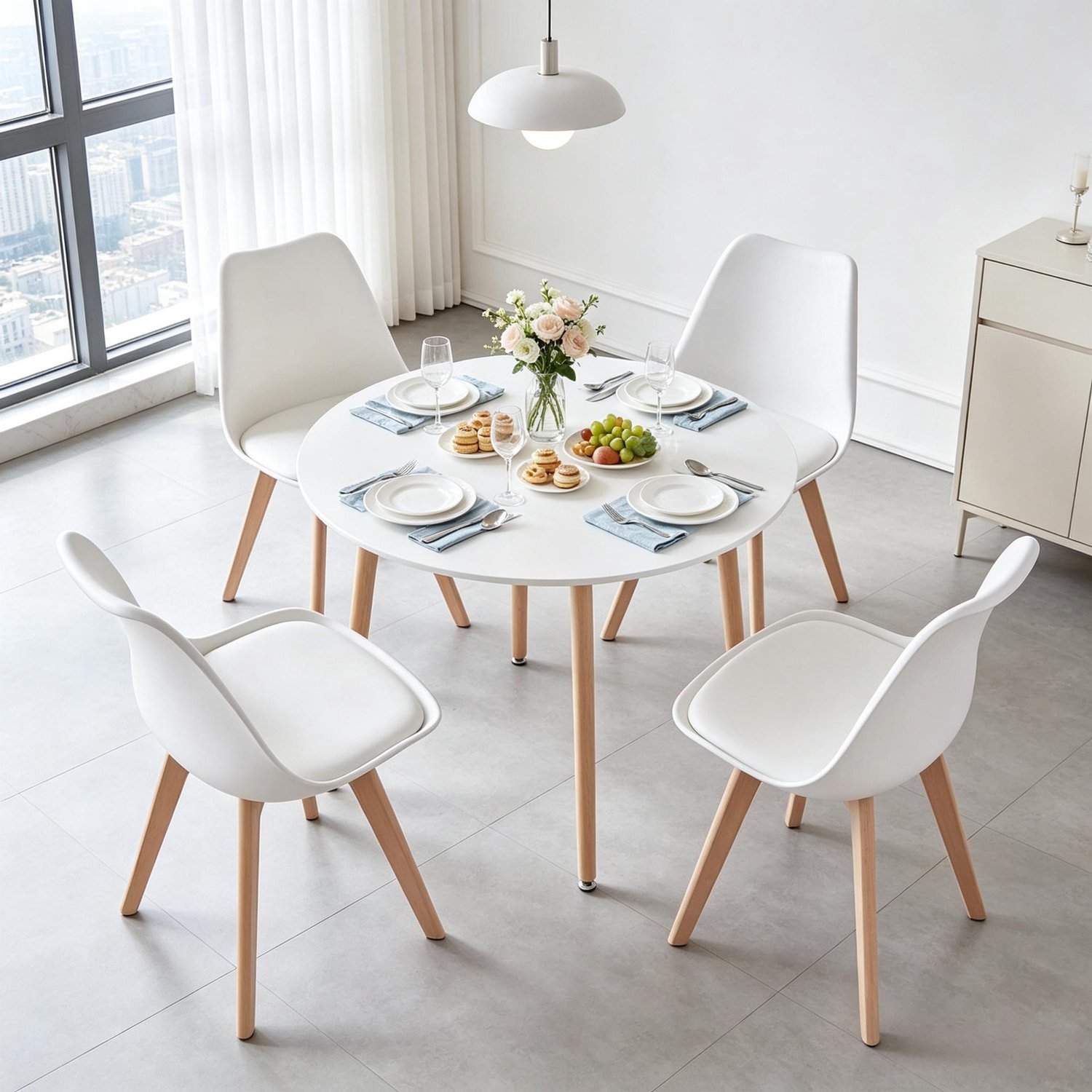 HAUSS SPOLE Eettafelset - Ronde Tafel Met 4 Stoelen - Met Vloerbeschermers - Voor Keuken En Eetkamer - Hout En Kunststof - Wit En Houtkleur
