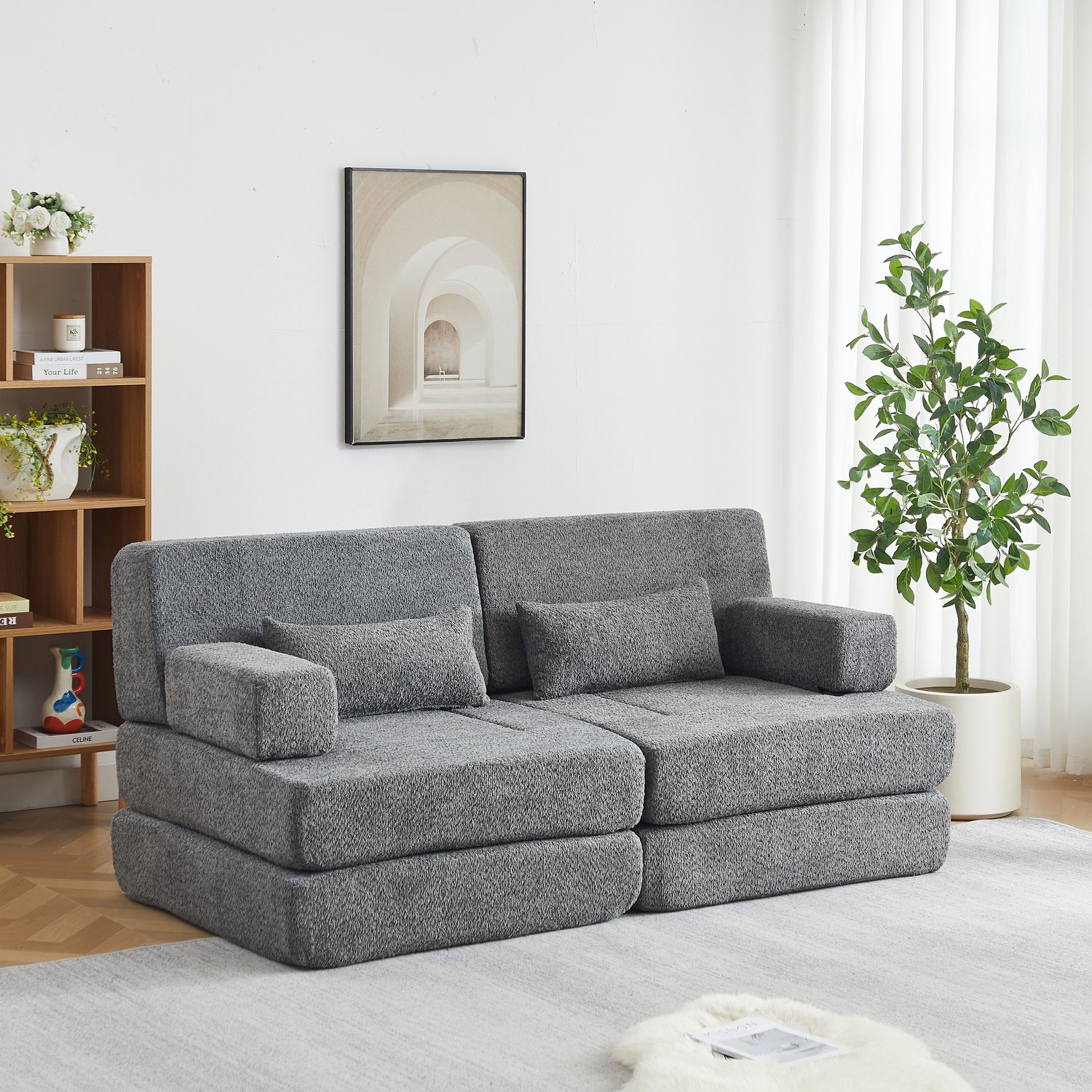 FloraGrace Slaapbank 182 x 90 x 80 cm - Omvormbaar en Modulair met Hoge Rugleuning - Voor Woonkamer en Logeerkamer - Chenille - Grijs