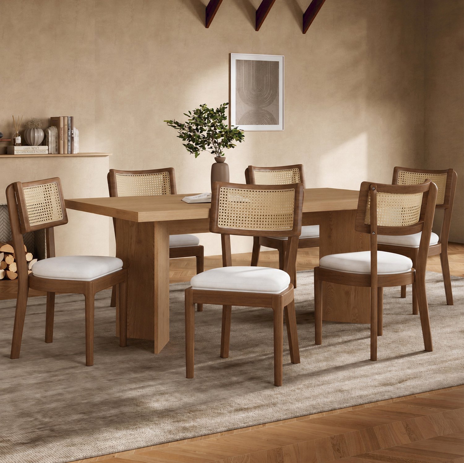HAUSS SPOLE Eetkamerstoelen - Set van 2 - Rotan Rugleuning en Zachte Zitting - Voor Eetkamer en Woonkamer - Hout en Linnen - Walnootkleur en Beige