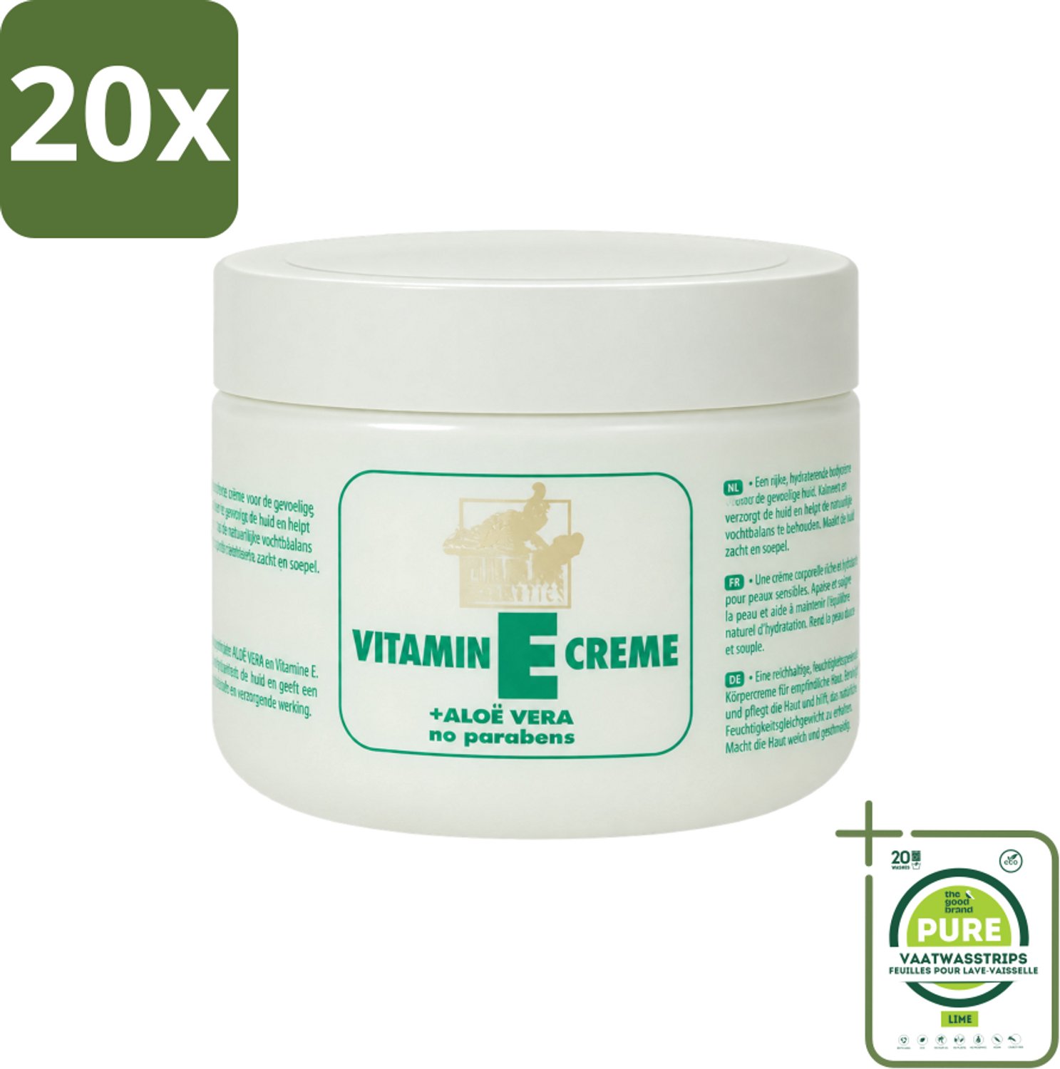 20 x Goldline - Bodycrème - Vitamine-E & Aloë Vera - Gevoelige Huid - Kalmerend - 250 ml - Grootverpakking - Vaatwasstrips - Gevoelige Huid Verzorging - Vitamine E Crème - Aloë Vera Crème - Kalmerende Crème - Huid Verzorging