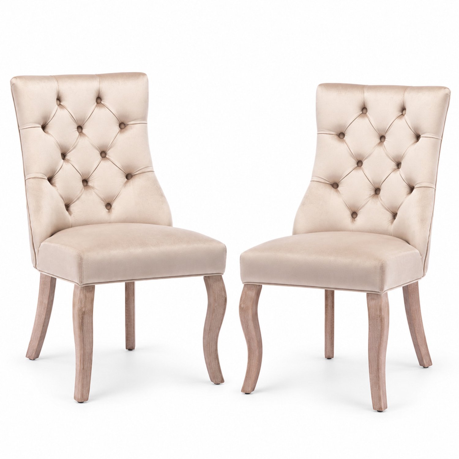 LONG DRAGON - Velvet eetkamerstoelen - Set van 2 - Hoge rugleuning met knopen - Massief houten vierpootonderstel - Beige