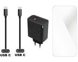 OneOne 65W super snellader met 3 poorten en screenprotector van glas voor iPhone 18 Pro Max + 1,0m sterke USB C naar C kabel. Krachtige oplader. PPS, GaN, PD lader adapter. Glazen screenprotector past op