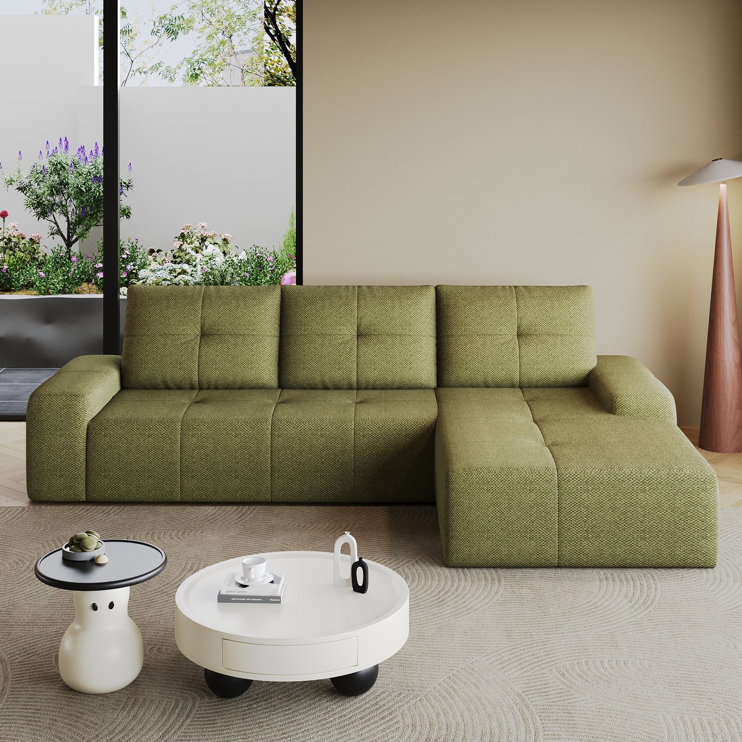 Wishdor Hoekbank met verlengd zitgedeelte - L-vormige stoffen bank met zachte zitting - Hoogelastische schuimvulling en compacte verzendverpakking - Woonkamer - Olijfgroen - 262 x 172 x 82 cm