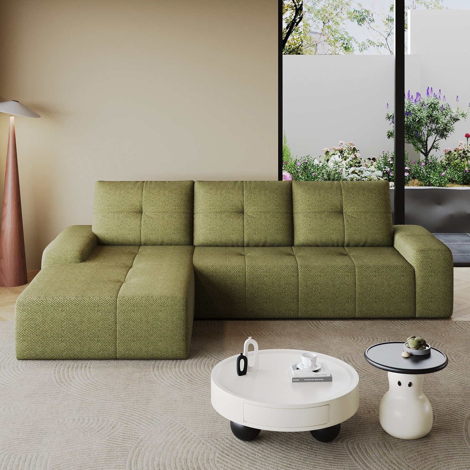 Wishdor Hoekbank - L-vormige 3-zitsbank met zachte zit - Hoogelastische schuimvulling en stoffen bekleding - Olijfgroen - Voor de woonkamer - Compact verpakt - 262 x 172 x 82 cm