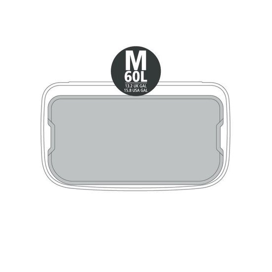 Schema van de Brabantia prullenbak van bovenaf, met aanduiding 'M 60L'.