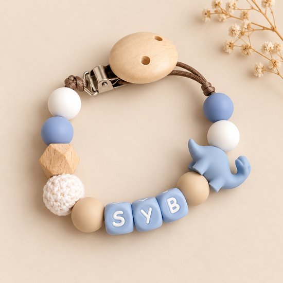 Gepersonaliseerd speenkoord met naam - dino blauw en beige - kraamcadeau & geboortecadeau - baby - speenketting van Merkloos — afbeelding 3