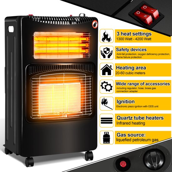 Zwarte gaskachel met quartz verwarmingselementen, 3 warmte-instellingen, veiligheidssystemen en gasregulator.