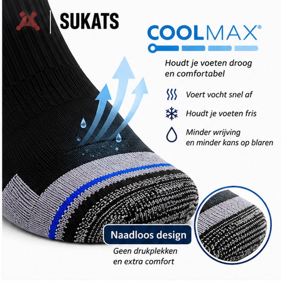 Zwarte werksok met Coolmax technologie, vochtafvoerend, naadloos design voor minder blaren.