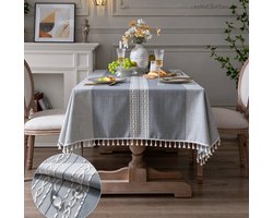 Rechthoekig tafelkleed in herfststijl van een linnenmix met kwastjes – oliebestendig, waterdicht en eenvoudig te reinigen – geschikt voor salontafels en eettafels – Verfijnd grijs voor tijdloze jaren – 140*260cm