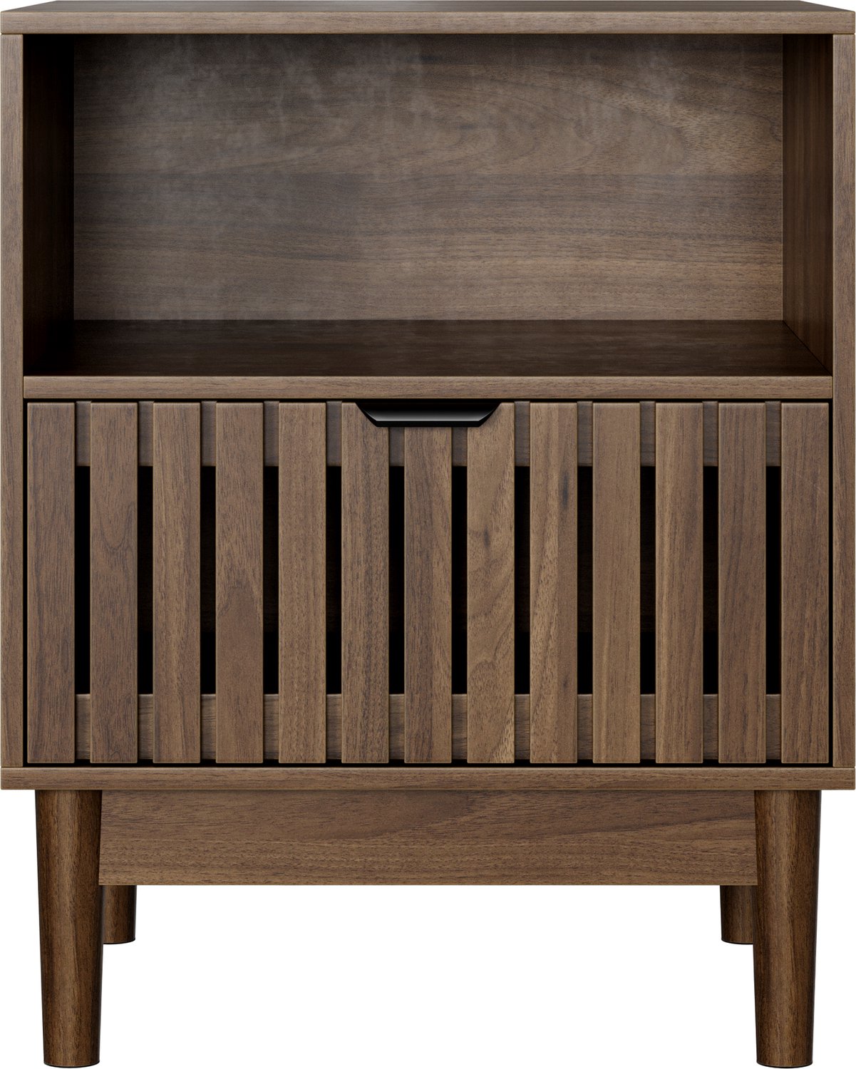 Ropilly Nachtkastje - Compact 45 x 39 x 56,5 cm - Met lade en open vak - MDF in walnootkleur met houten poten - Voor slaapkamer en woonkamer