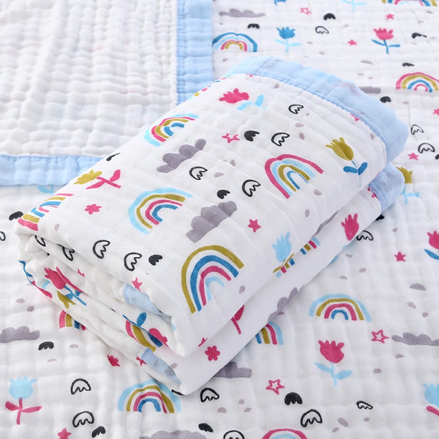 Mousseline Baby Deken 6-Laags - 110x110cm - Katoen - Zacht en Ademend - Bloemen Blauw