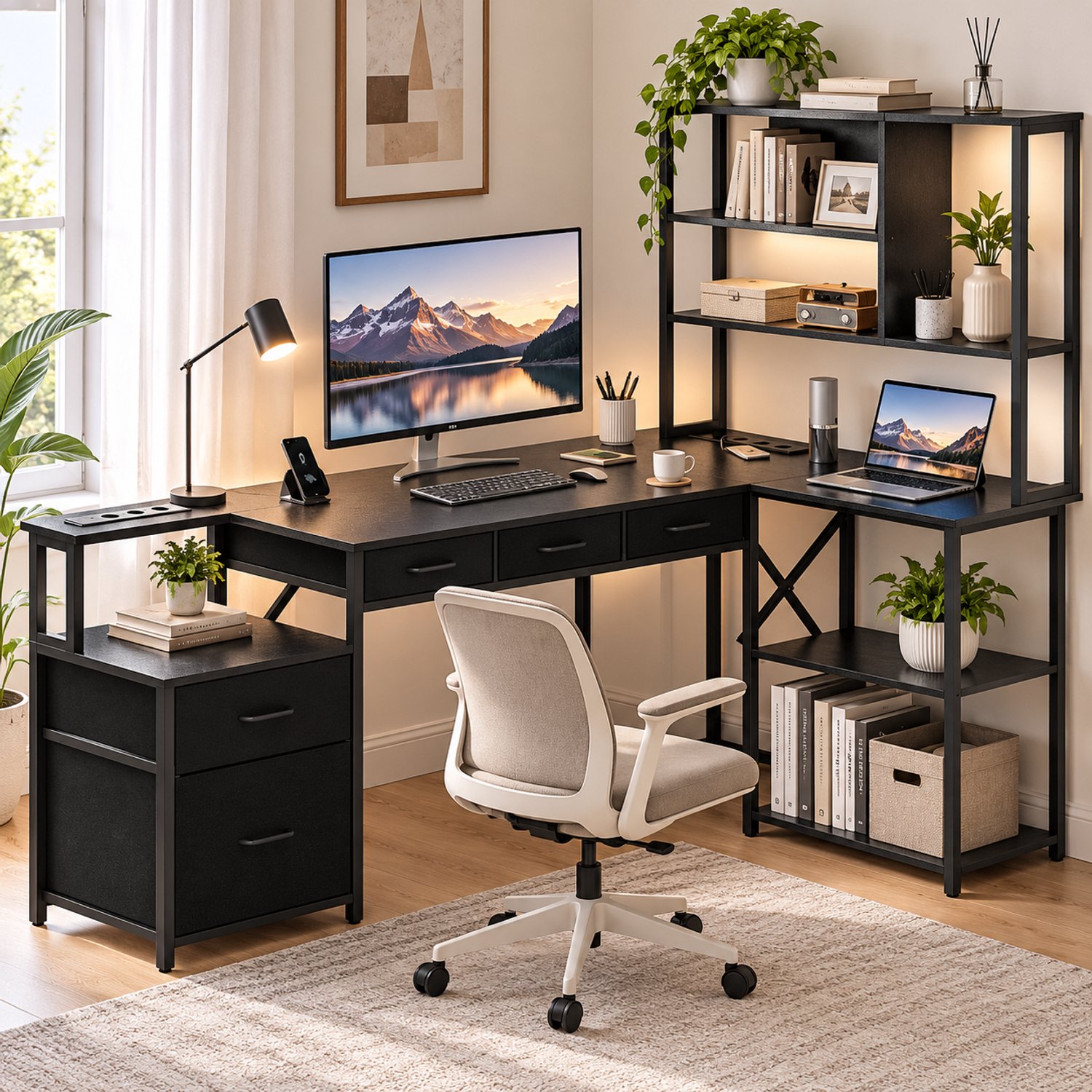 Parasha Nova Bureau - Hoekbureau L-vormige computertafel met stopcontacten USB-gamingtafel werktafel met boekenplank toetsenbordlade printerstandaard printerplank modern thuiskantoor gaming hoekbureautafel ruimtebesparend stevig, zwart