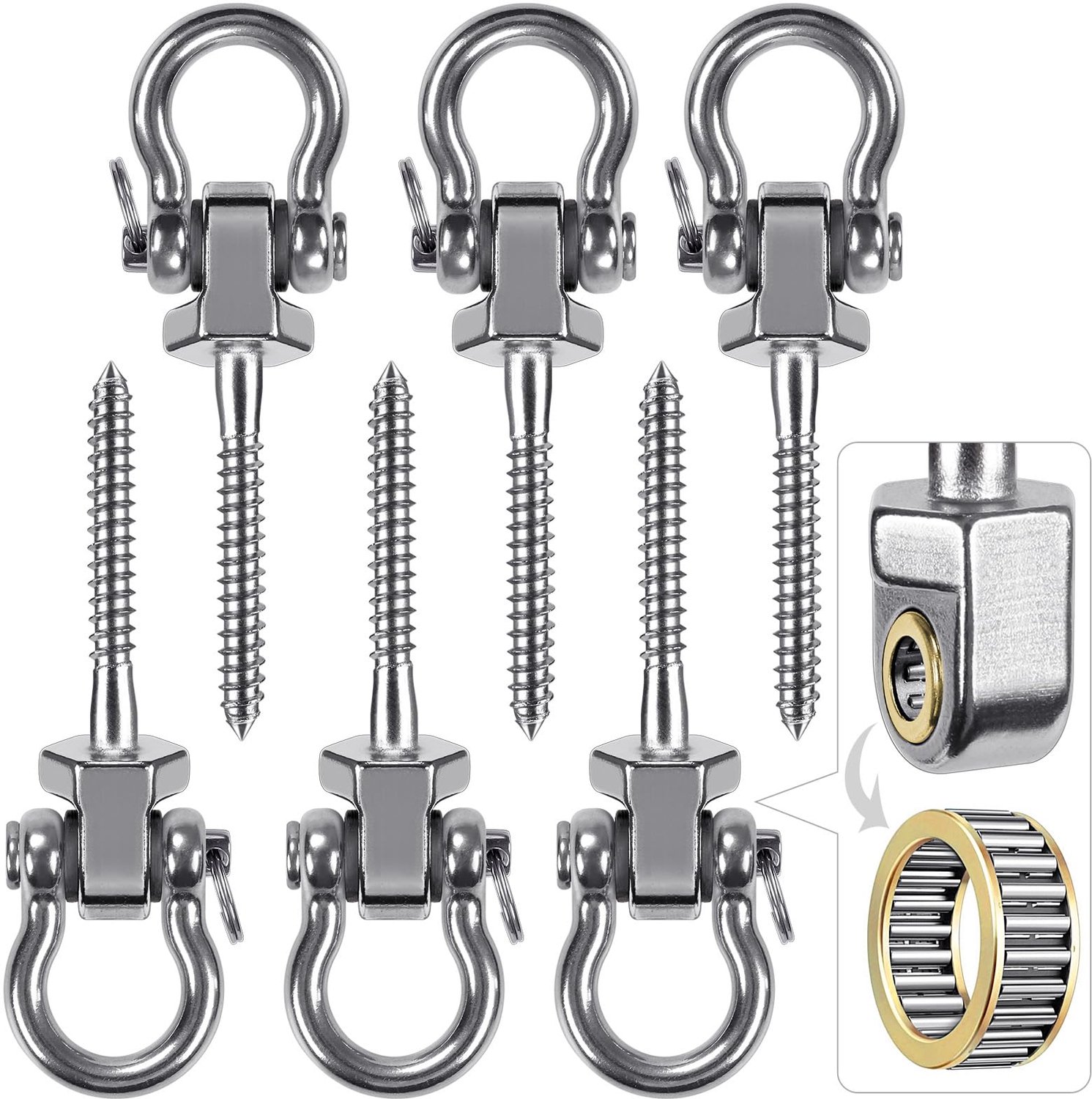 Bevestigingsschroeven 6 Stuks - Draaibare Montageset - Roestvrij Staal - Voor Hangmat/Hangstoel - Tot 1500 lbs - Geschikt voor Binnen/Buiten - Schommelhangers