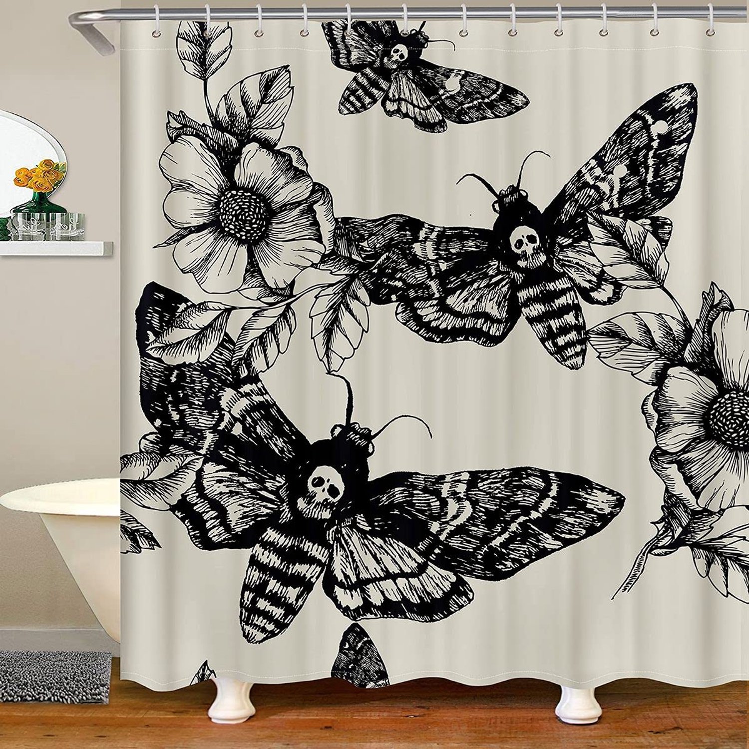 Gothic Shower Curtain met Skelet en Bloemen voor Unieke Badkamerstijl