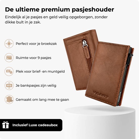 Set van twee bruine Vylento pasjeshouders naast elkaar, getoond op een witte standaard.