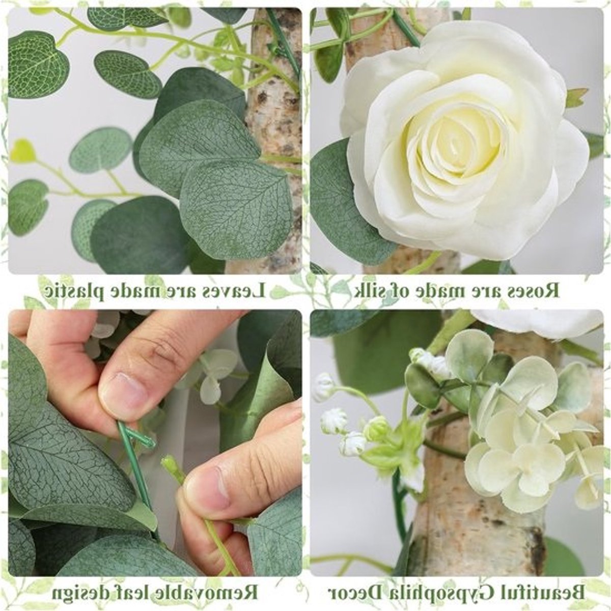 Kunstmatige eucalyptus-bloemenguirlande met witte rozen - 2 stuks van 180 cm - Voor bruiloft en tafelversiering