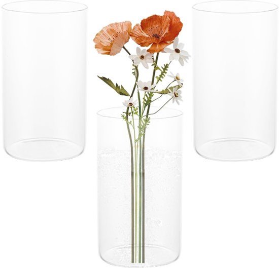 Set van 3 hoge glazen vazen - Voor tafeldecoratie - Glazen voor kaarsen, bloemen, kiezels, schelpen, parels en lantaarns - Transparante glazen cilinder vaas - Voor bruiloftstafeldecoratie