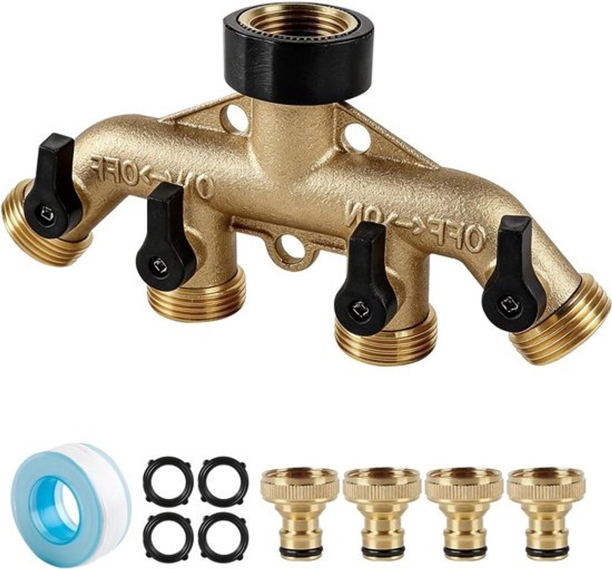 4-weg messing waterverdeler G3/4 inch - kraanventiel met 1/2 inch adapter en slangconnector