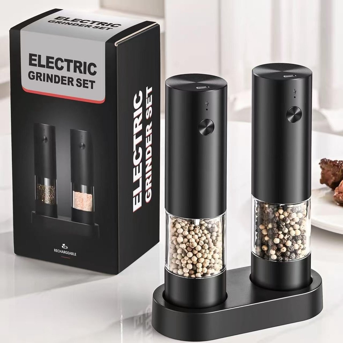 Elektrische graanmolen - Zwart - 5,5 x 18 cm - Keramische Slijpkern - Set van 2 voor Keuken en Barbecue