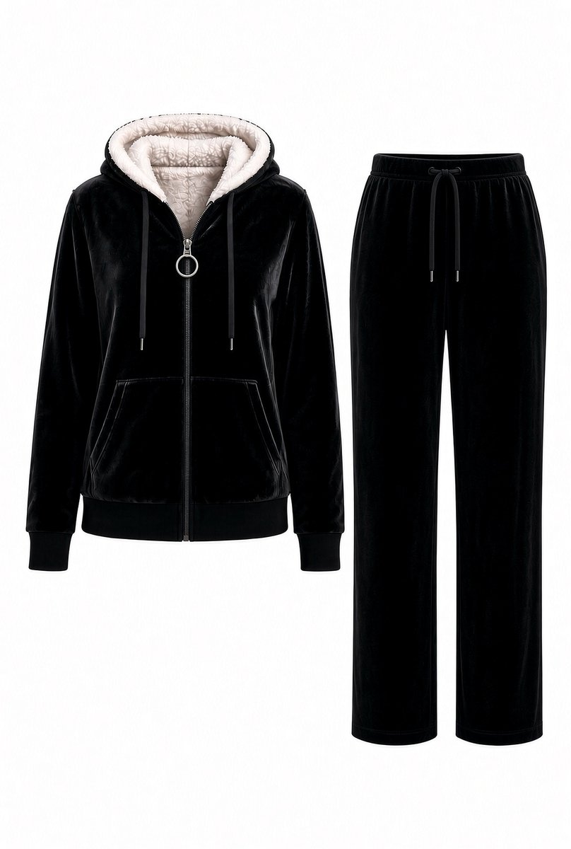Huispak Dames Fleece - Hoodie en Straight leg broek - Teddy Capuchon - Zwart Velvet- Maat 40/42