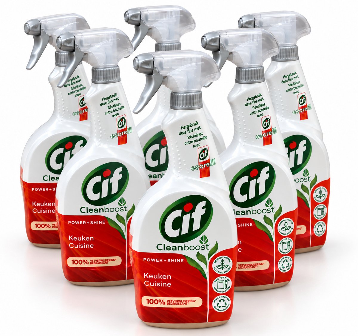 Cif CleanBoost Power+Shine Keukenreiniger Spray – Krachtige Vetverwijderaar – 6 x 750 ml