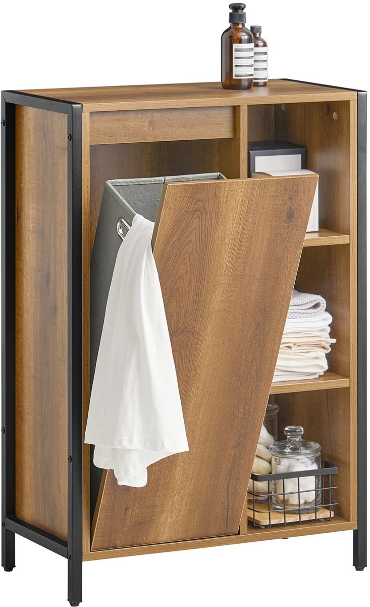 Sellino Waskist - Met Uitklapbare Wasmand - 3 Open Opbergvakken - Wasgoed Organizer - Wasmandmeubel - 60 x 30 x 90 cm - Bruin