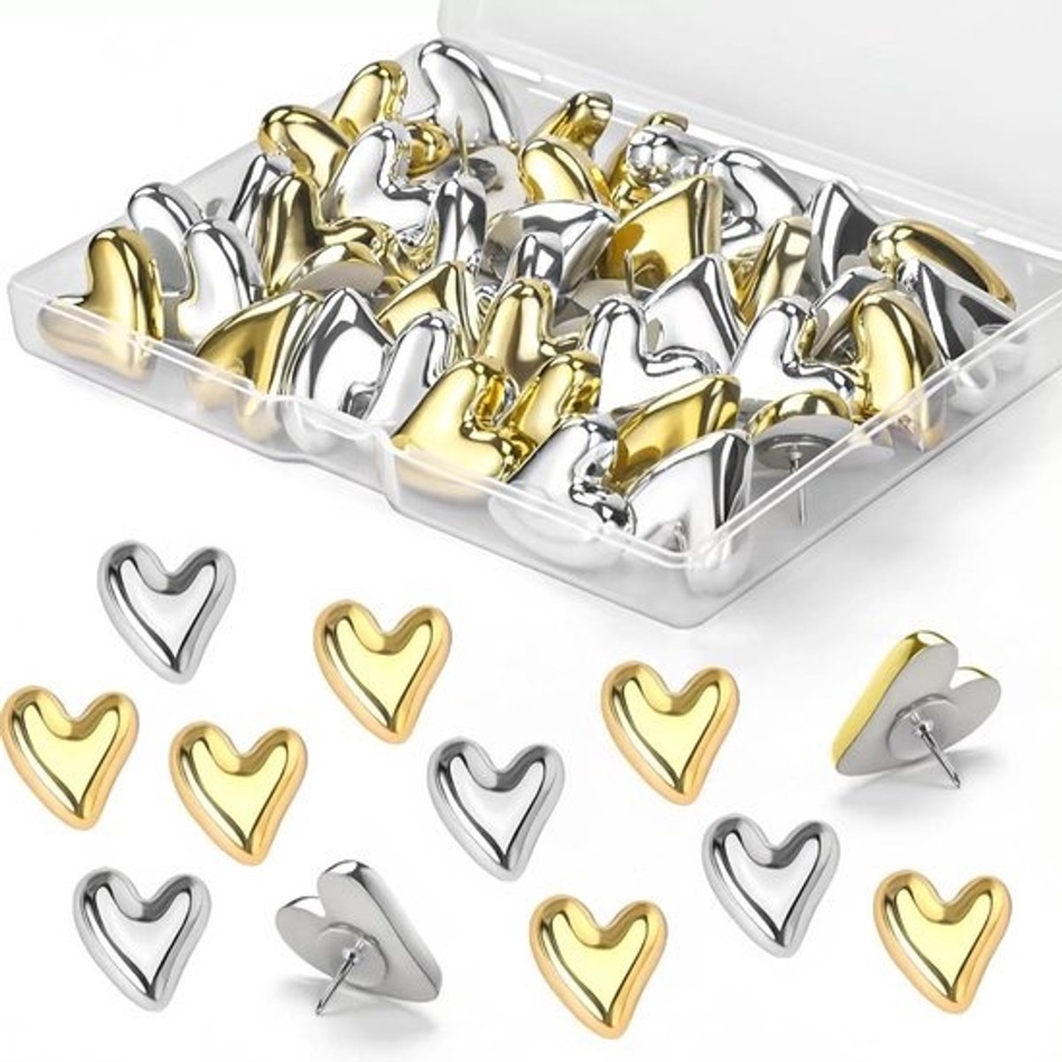 Decoratieve Hart Spijkers, 36 Stuks Gouden en Zilveren Metaal Duimspijkers voor Kurkbord en Kantoor Wanddecoratie