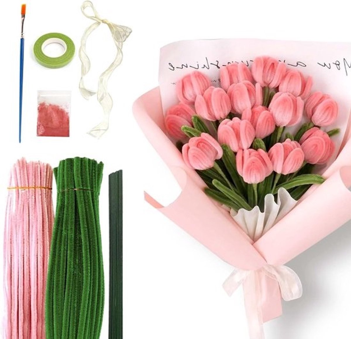 Creatieve Knutselset met 200 Pijpenragers, 5 Kleuren, Bloemstelen en Versieringen voor Boeketten en Ambachtelijke Projecten