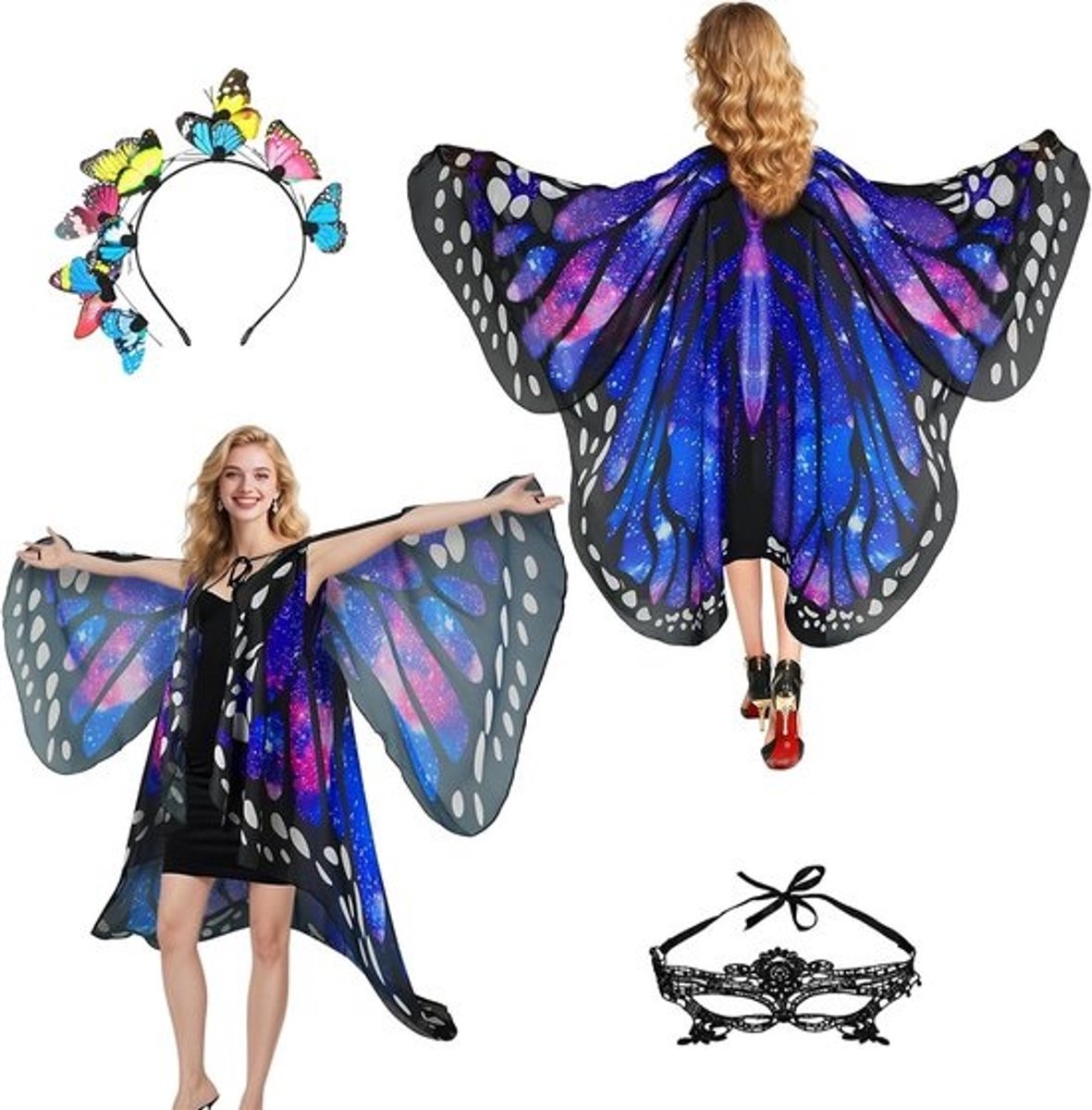 Vrouwelijk vlindercostuum - Met vleugels en accessoires voor carnaval - 3-delig kostuum - Met gezichtsmasker en haarband - Voor feestjes en themafeesten