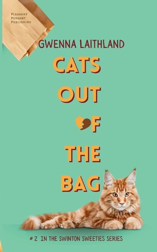 Boekomslag met een oranje Maine Coon kat op een mintgroene achtergrond, titel 'Cats Out of the Bag' en een papieren zak.
