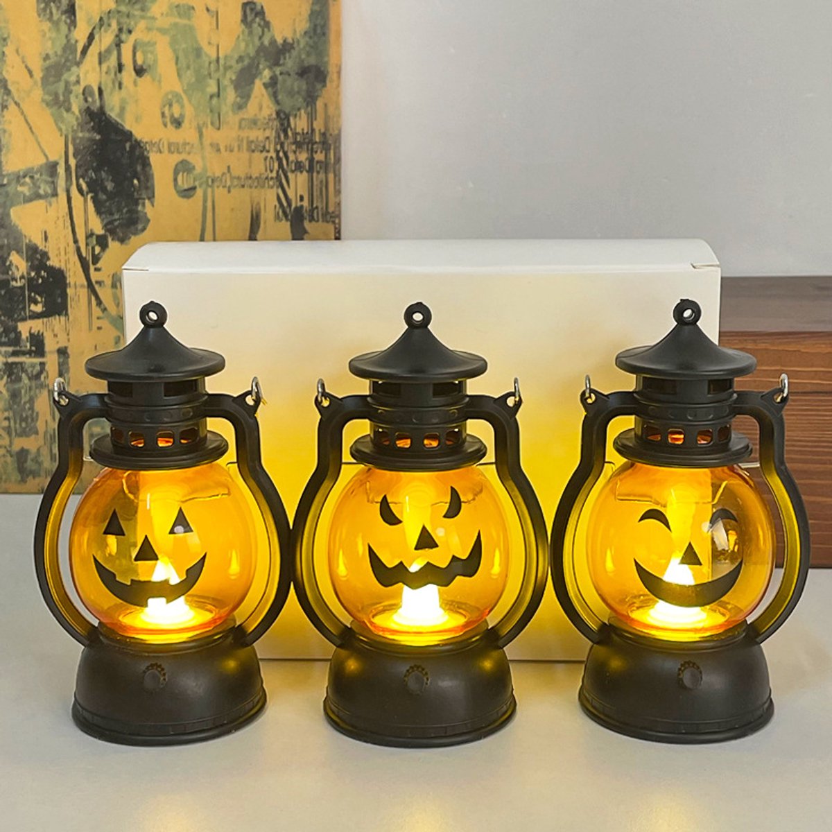 KZQ 3 Stuks Halloween-pompoenlantaarn – Draagbare hangende LED-pompoenlamp – Nachtlampje – Met handvat – 3 gezichtsuitdrukkingen - Kunststof