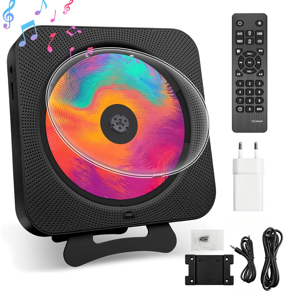 Bluetooth CD Speler - Multifunctionele CD Speler met 5.1 Bluetooth, MP3, USB, AUX en FM - Wittegeluidspeler met Licht en Wandbevestiging