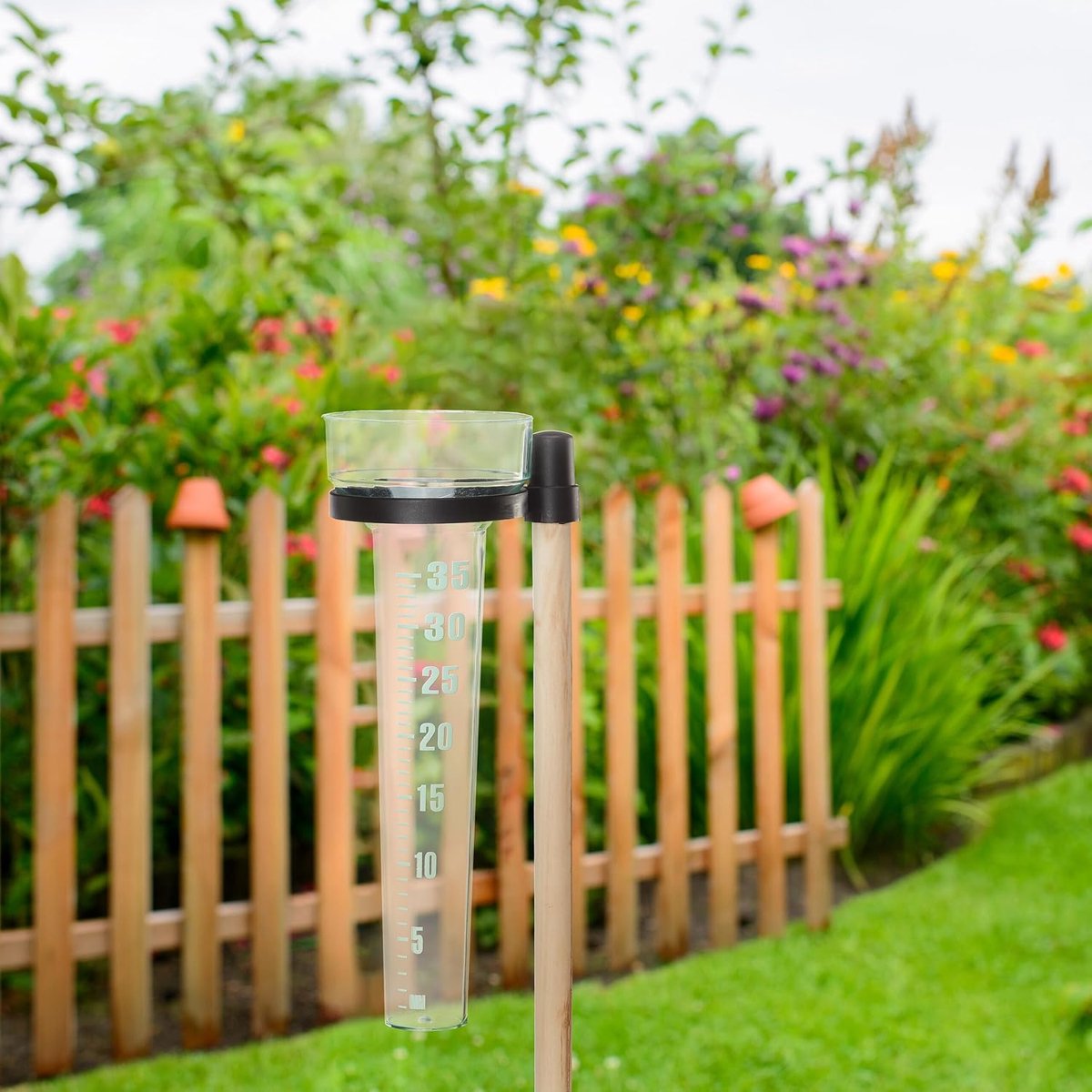 Regenmeter met houten stok, set van 2, kunststof, transparant, 35 mm, voor tuin en balkon