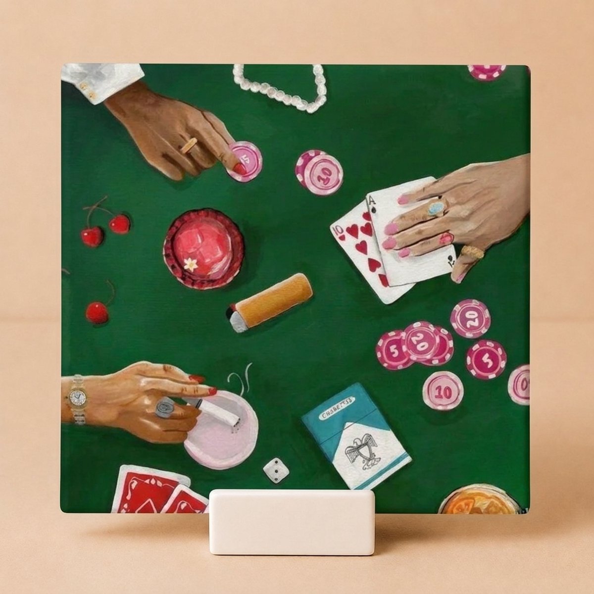 Tegeltje Pokertafel Illustratie Groen – Keramisch Tegeltje 11x11 cm met Houdertje – Casino Decoratie Cadeau