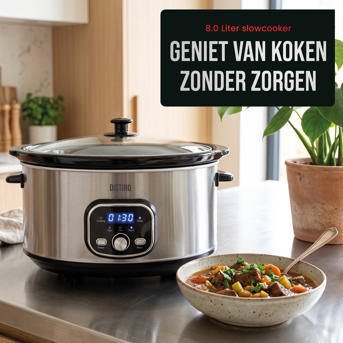 DistinQ Slowcooker - 8 Liter - 320 Watt - Warmhoudfunctie - Keramische Binnenpan - Zilver – foto 4