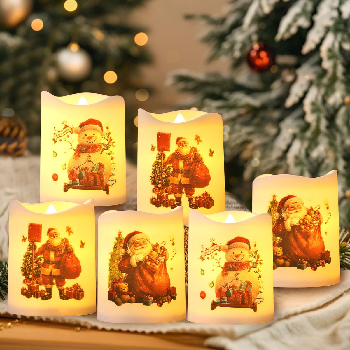 Flintry 6 stuks kerst LED-kaarsen - vlamloze LED-kaarsen met kerstmanpatroon - op batterijen - realistisch helder theelichtje voor kerstdecoratie, tafeldecoratie