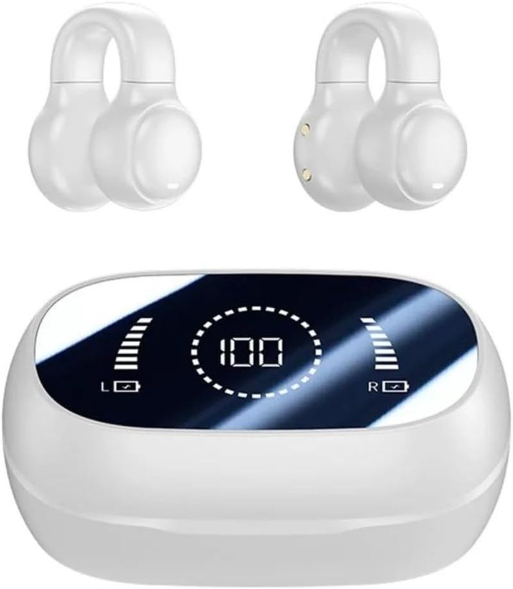 Draadloze Bluetooth-oordopjes, clip-on ontwerp, met oplaadcase en digitaal display, wit.