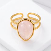 Lundholm Rosan Statement Ringen Dames Goudkleurig - Verstelbare Ring met Echte Roze Natuursteen 17 x 12 mm - Premium Stainless Steel Jewellery PVD Goud Verguld - Hypoallergene Sieraden - Sinterklaas Cadeautjes - Bedankt Cadeautje - my Lundholm