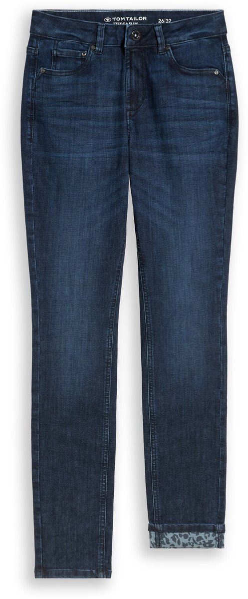 Tom Tailor - TTEDDA SLIM-jeans met luipaardprint in de omslag - Maat 29/30 - dark blue denim
