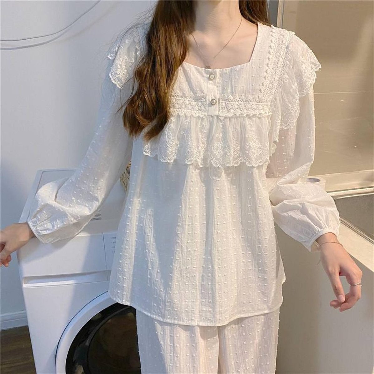 Pyjamasets Met Vierkante Kraag Zoet Kant - Zacht Retro Tender Homewear Heerlijke Nachtkleding, Lente Casual Losvallend Tweedelig Pak Met Lange Mouwen, Meisjes Lounge Stijlvol Slaapshirt Zusters