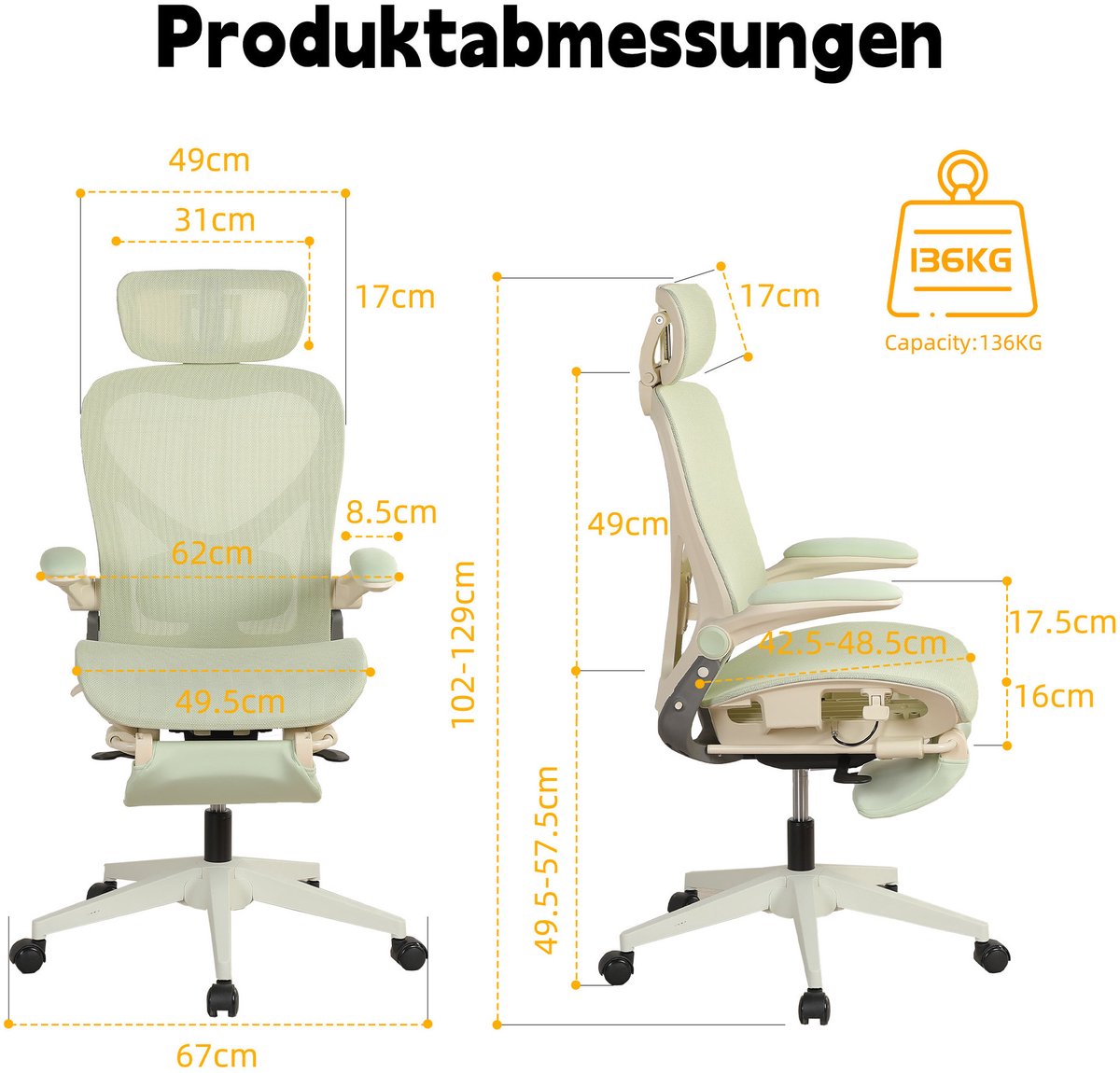 DESMIU Bureaustoel 129 cm - Ergonomisch Met 3D Hoofdsteun En Verstelbare Lendensteun - Inklapbaar Met Voetensteun - Voor Werk En Studie - Netstof Groen