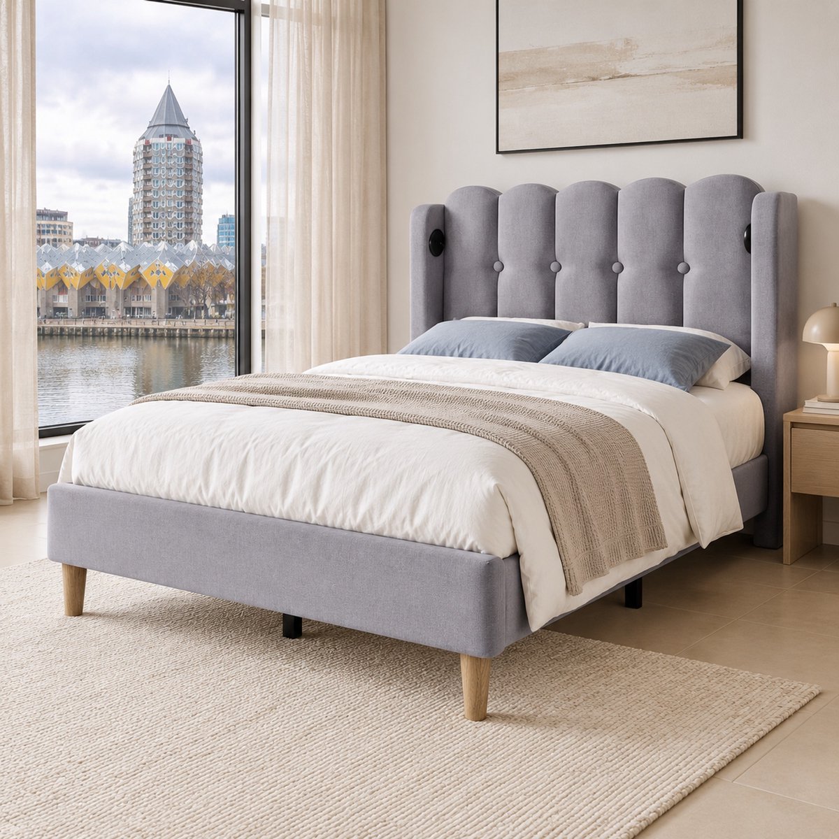 WUVRIE Gestoffeerd eenpersoonsbed 90x200 cm met lattenbodem en USB-Type-C, grijs