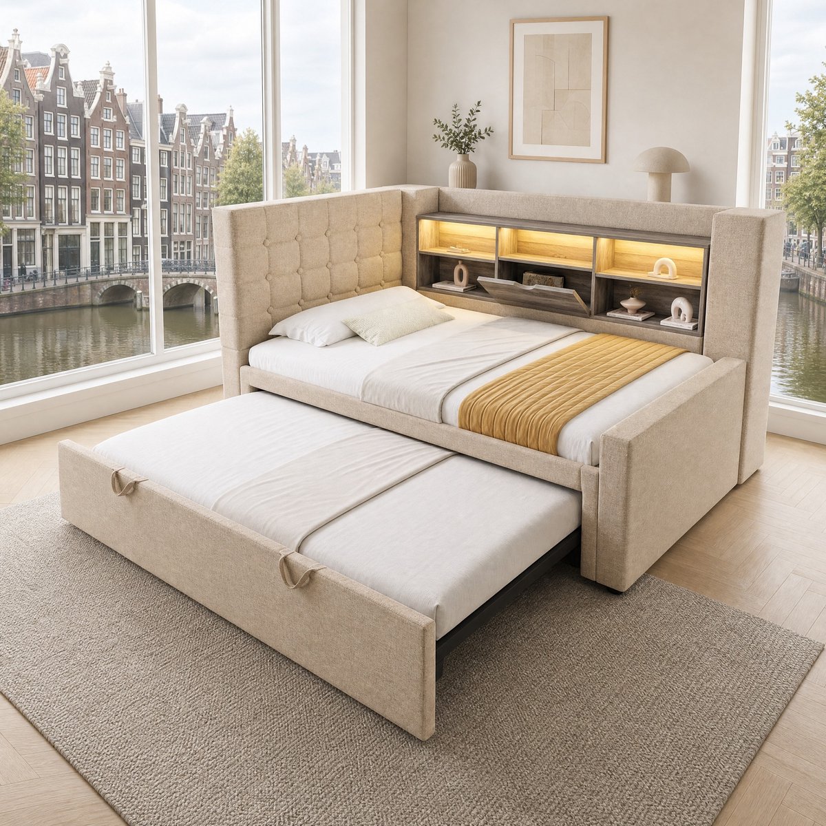 WUVRIE Slaapbank 90x200 cm met uitschuifbed 90x190 cm, LED-verlichting, opbergruimte en lattenbodem, beige