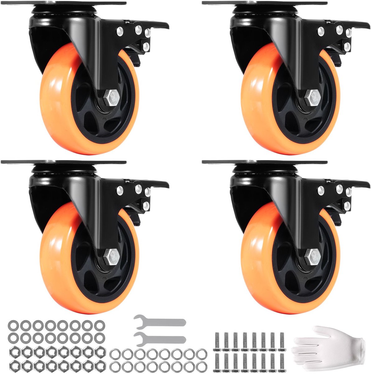 Zwenkwielen, 10,1 cm zwenkwielen met plaatbevestiging, set van 4, met A/B-beveiligingsvergrendeling, geluidsarme PVC-wielen, zware uitvoering, draagvermogen van 158,8 kg per wiel, laten geen strepen achter voor karren, meubels en werkbanken.