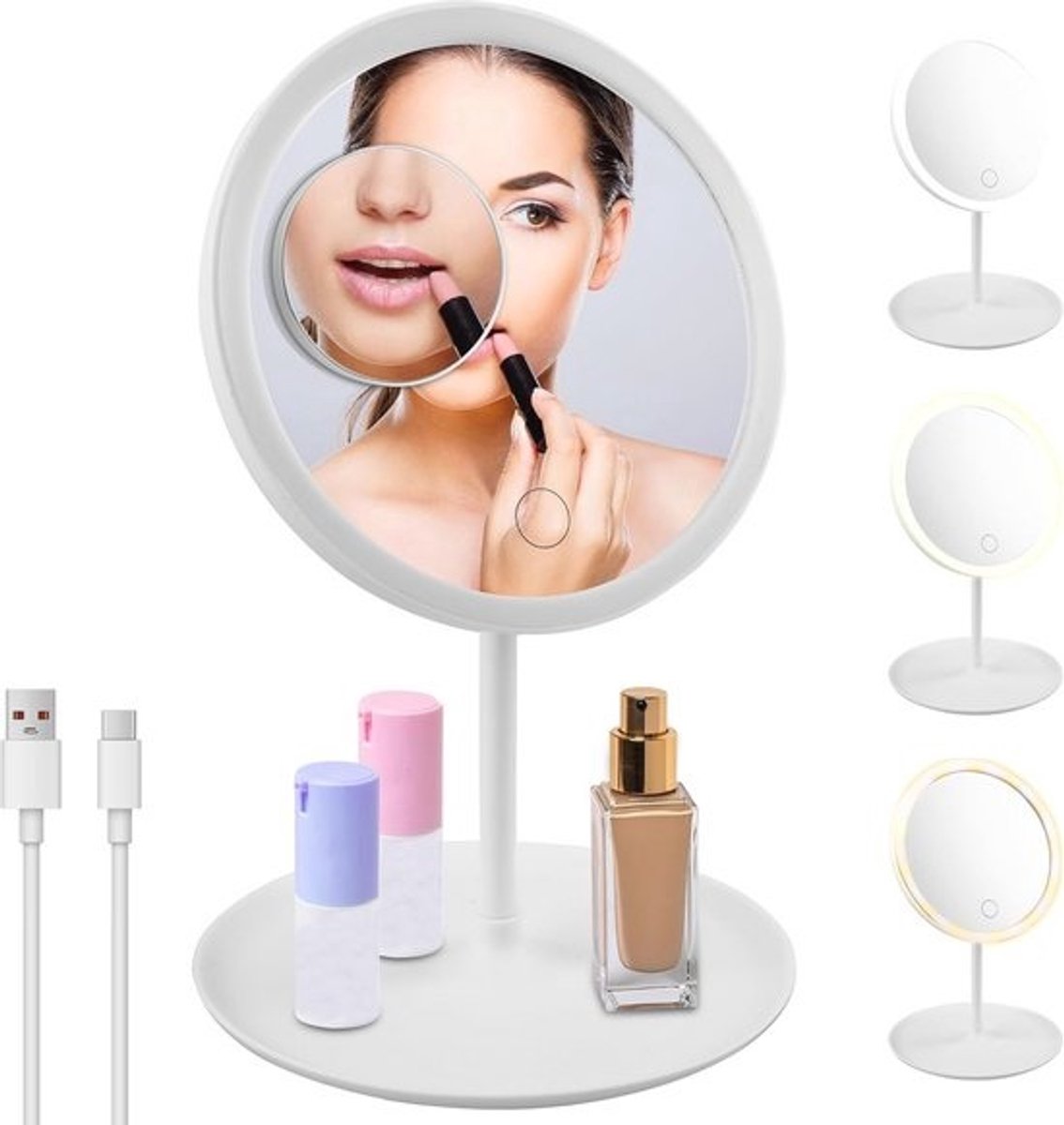 Cosmetic Mirror with LED Lighting: 1 Piece with Three Light Colors, Dimmable Brightness, Touch Switch, USB Rechargeable for Home and Travel (White)