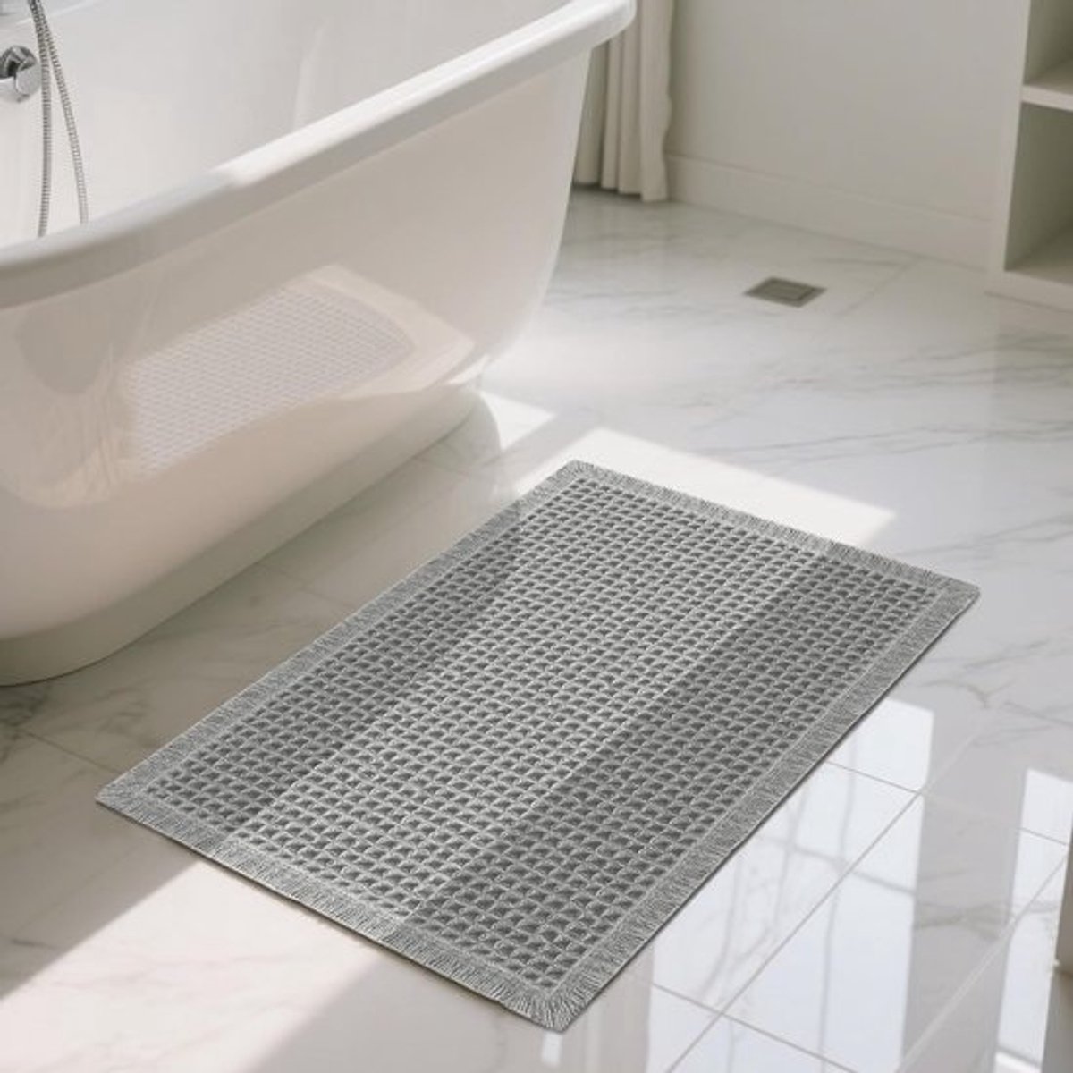 Antislip Wafel Badmat - Zacht en Absorberend - Boho Stijl - Machinewasbaar 46 x 77 cm - Grijs