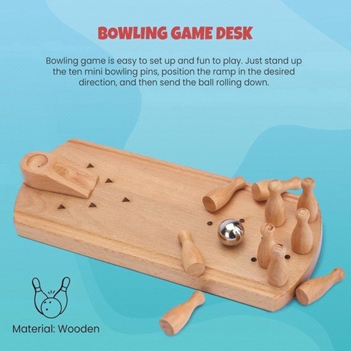 Tafelbowlingspelset met sokkel en helling - Grappig bowlingspel van hout voor volwassenen en kinderen